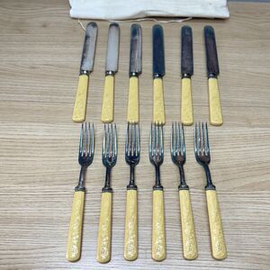 12 Pc Landers Frary & Clark Knives & Forks Bakelite Handles w/ Sterling Bolster